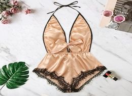 Sexy Lingerie Women Satin Babydoll Teddy Deep V Splice Lace Bow Halter Backless Sleepwear Pajamas Underwear Langerie Costumes7993381