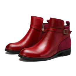 Boots Women's Boots Vintage Side Zipper Leather Round Toe Red High Heels 2023 Winter New Rubber Work Short Ladies Ankle Boots