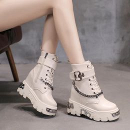 Boots New Women Leather Platform Chain Ankle Boots Winter Gothic Style Shoes Metal Motorcycle Boots Round Toe Chunky Punk Boots