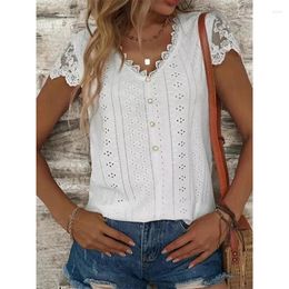 Women's Blouses Fashion Women Summer Solid Colour T-Shirt Hollow Out Design Lace Decor V-Neck Short Sleeve Casual Loose Pullovers Top Tee