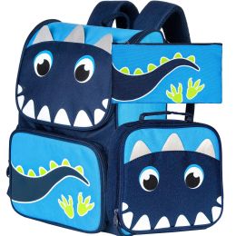 3PCS Boys Backpack , 15" Dinosaur Bookbag with Lunch Box, Kids Preschool School bag for Elementary Students - Blue