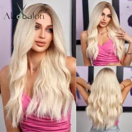 Wigs ALAN EATON Long Blonde Wigs for Women Synthetic Curly Hair with Dark Roots Middle Parting High Temperature Fibre Natural Looking