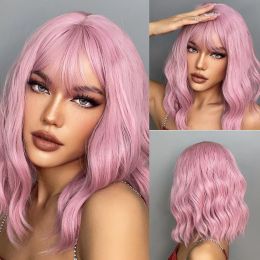 HAIRCUBE Wavy Synthetic Wig With Bangs Short Bob Pink Wigs Curly Wavy Shoulder Length Cosplay Wig Daily Colourful Wig