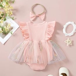 Rompers Baby Girls Ribbed Dress Sets Sleeve Flower Embroidery Tulle Skirt Headband Birthday Party