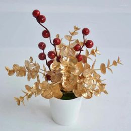 Decorative Flowers Simulated Ducalyptus Red Fruits And Golden Plants Christmas Bonsai Room Small Potted Office Desktop Decoration