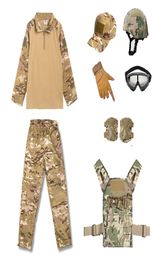 Camouflage Kid Child Uniform CS BDU Set Outdoor Sports Airsoft Gear Jungle Hunting Woodland Tactical Helmet Vest Cap Set Combat Ch6627152