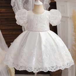 Todder Girl White Lace Embroidered Princess Dress Baby Girl Christmas Flower Dress Wedding Baby Puff Dress 240402