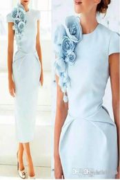 Light Blue Arabic Short Sleeves Sheath Cocktail Party Dresses Floral Tea Length Formal Party Evening Dresses 2018 Cheap Prom Gowns6107782