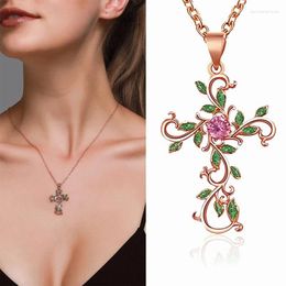 Pendant Necklaces Classic Cubic Zirconia Flower Cross Necklace Women Creative Crystal Leaf Wrap Christian Jewellery