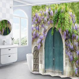 Shower Curtains Flower Wall Window Curtain Garden Scenery Europe Street Building Forest Natural Landscape Bathroom Decor Polyester Fabric