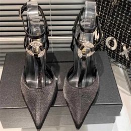 Sapatos de vestido sandálias strass decoração sapatos de casamento sexy tornozelo cinta de couro real único cristal stiletto sapatos chinelo feminino de salto alto 9cm