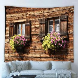 Tapestries Retro Flowers Window Scenery Tapestry Country Town Old Wooden House Green Plants Vines Hippie Wall Hanging Cloth Bedroom Decor