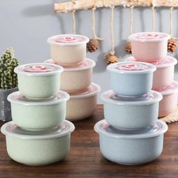 Dinnerware 3Pcs/Set Wheat Straw Fresh-keeping Bowl Airtight Storage Containers Microwavable Plastic Round Bento Box For Household Use