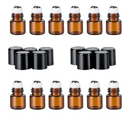 1ml 2ml Mini Amber Glass Roller Bottles with Black Cap and Steel Roller Balls Cosmetic Makeup Storage Packing Essential Oil5568199