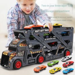 Children Little Bus Big Container Truck Storage Box Parking Lot Toy With 3 /12 Pull Back Mini Car Toy For Kids Birthday Gift