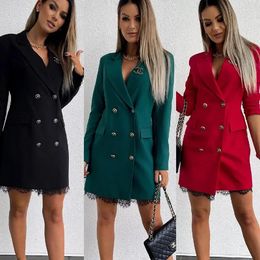 Women's Jackets Autumn Winter Fashion Double Breasted Cardigan Office Women Long Coat Casual V Neck Sleeve Lace Edge Ladies Outwear