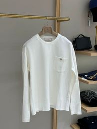 Men T Shirts Spring and Summer agnona White Round Neck Pocket Long Sleeve Bottoming Shirt