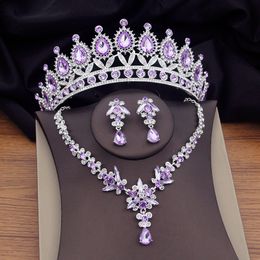 Gorgeous Purple Crystal Bridal Jewelry Sets for Women Tiaras Earrings Necklaces Set Wedding Crown Jewelry Set Fashion