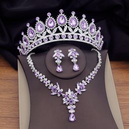 مجموعات المجوهرات الزفاف الأرجواني الرائعة للنساء من Tiaras أقراط مجموعة مجوهرات التاج الزفاف مجموعة الأزياء