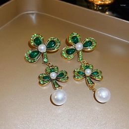 Dangle Earrings BIg Green Crystal Pearl Flower For Women Party Accessories