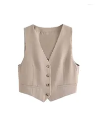 Women's Vests Women Fashion Front Button Linen Waistcoat Vintage V Neck Sleeveless Female Outerwear Chic Vest Tops Casual Clothes