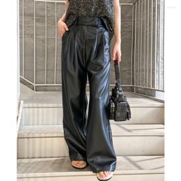 Women's Pants Leather For Women High-quality Protein Wide-leg Black Basic Trousers Retro Casual Pleated