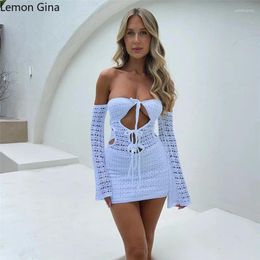 Casual Dresses Lemon Gina Women Fashion Strapless Slash Neck Full Sleeve Bodycon Mini Dress 2024 Sexy Party Club INS Hollow Out