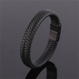 Classic Men Jewellery Genuine Leather Bracelets Titanium Black Rope Steel Magnetic Clasp Bracelets Wristband for Male Jewellery Gift AB74