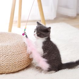 Funny cat stick spot wholesale cross-border with bell cat toy long pole two-color solid feather steel wire funny cat toy