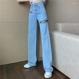 Women's Jeans High Waist Vintage Zipper Hollow Out Loose Wide Leg Straight Hole Women Trousers Y2k Summer Korean Chic Denim Pants