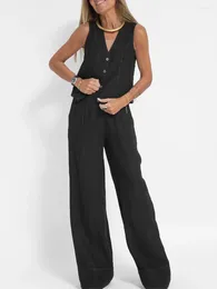 Women's Pants Women S 2 Piece Outfits Linen Matching Sets Tracksuit Button Tank Tops And Wide Leg Set Business Work Streetwear