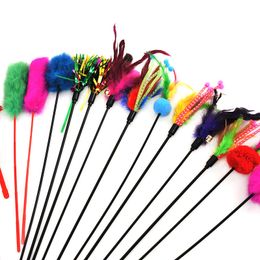 Cat tease stick pet cat interactive toy Colourful feather plastic long pole with Bell cat tease stick