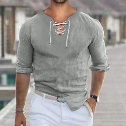 Men's Casual Shirts Solid Color Men Shirt Stylish Lace-up V Neck With Slim Fit Retro Design For Spring Fall Soft Breathable