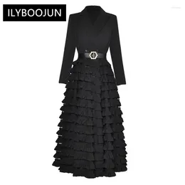 Casual Dresses Autumn Winter Dress Women Long Sleeve Double Breasted Beading Belt Ruffle Elegant Party For 2024 High