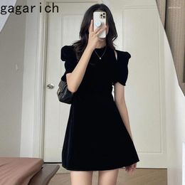 Casual Dresses Women 2024 Summer Dress Korean Chic French Western Style Round Neck Puff Sleeves High Waist Thin A-line Velvet Short Vestidos