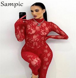 Sampic Lace Patchwork Black Long Sleeve Gothic Y2K Sexy Turtleneck Women Skinny Jumpsuit Sport Summer Club Body Tops 2207053509075