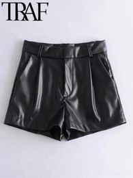TRAF Women Fashion Faux Leather Shorts High Waist Side Pockets Vintage Zipper Fly Female Wide Leg Streetwear Ropa 240402