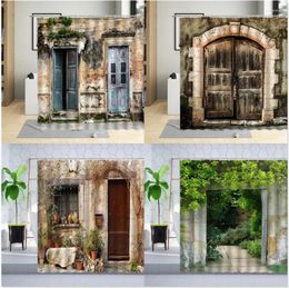 Shower Curtains Vintage Old Wooden Door Curtain Stone Wall Plant Green Leaf Home Decoration Bathroom Hanging Sets Polyester Hook