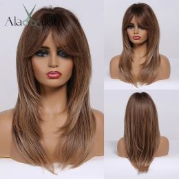 Wigs ALAN EATON Omber Brown Straight Layered Synthetic Wigs with Curtain Bangs Long Wave Wigs for Women Daily Use Heat Resistant Hair