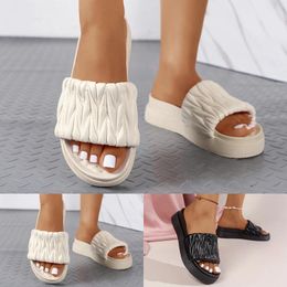 Slippers Ladies Fashion Summer Solid Colour Pleated Leather Exposed Toe Thick Sole Indoor Outdoor For Women