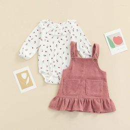 Clothing Sets Infant Baby Girls Suit Long Sleeve Floral Printed Romper Top Corduroy Solid Colour Ruffled Dress Baby's