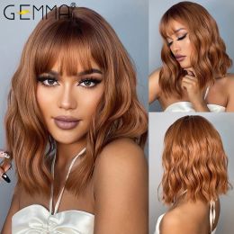 Wigs GEMMA Bob Wig Red Brown Copper Ginger Medium Wavy Synthetic Wigs with Bangs for Women Natural Daily Heat Resistant Cosplay Hair