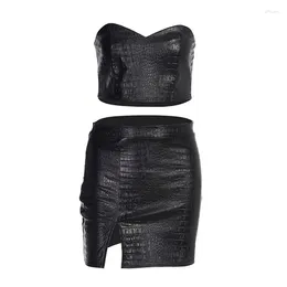 Work Dresses In Summer Black Pu Leahter Strapless Cropped Top And Skirt Two Piece Set Y2k Streetwear Sexy Dress Sets 2024 Female Suit