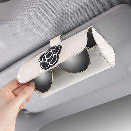 Camellia Flower Leather Car Glasses Holder Universal Sunglasses Case Sunshade Organiser Storage Box Auto Interior Accessories