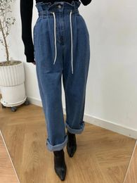 Women's Jeans Korean Style Harem Denim Pants Women Loose Waistband Tied High Waisted Vintage Blue Long Spring Summer Bottoms