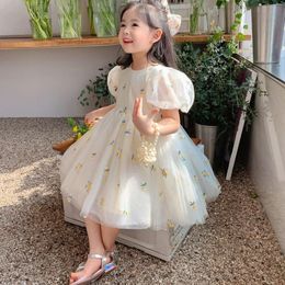 Summer Girl Flower Net Princess Dress Childrens Cute Puff Short sleeved Dress Girl Korean Clothing Childrens Dress 1-6T 240402