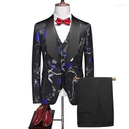 Men's Suits 2024 Fashion Leisure Boutique Business Banquet Hollow Print Dress 3 Pcs Set Blazers Jacket Pants Vest Trousers