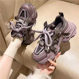 Casual Shoes Mesh Chunky Sneakers Thick Soled Height Increasing Sports Lace-Up Breathable 2024 Spring Fashion