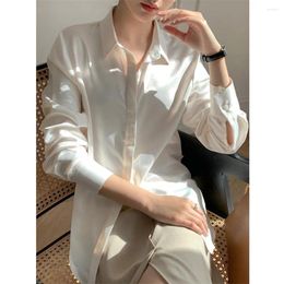 Women's Blouses Korean Elegant Turn Down Collar Silk Office Lady Blouse Solid Buttons Up Shirt Top Spring White Imitation Satin Shirts For