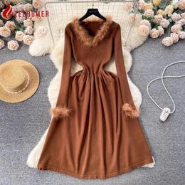 Casual Dresses 2024 Spring Korean Fashion Elegant Feather Patchwork Knit Mid Length Dress Women V Neck Long Sleeve Sweater A-Line